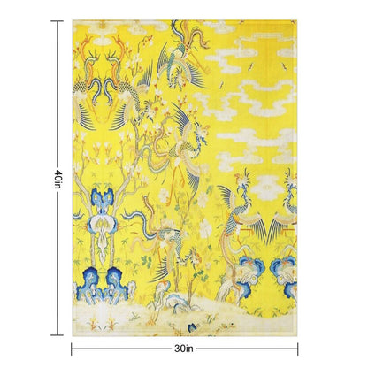 Five Phoenixes in The Garden ,Chinese Imperial Bright Yellow Floral Tapestry Throw Blanket