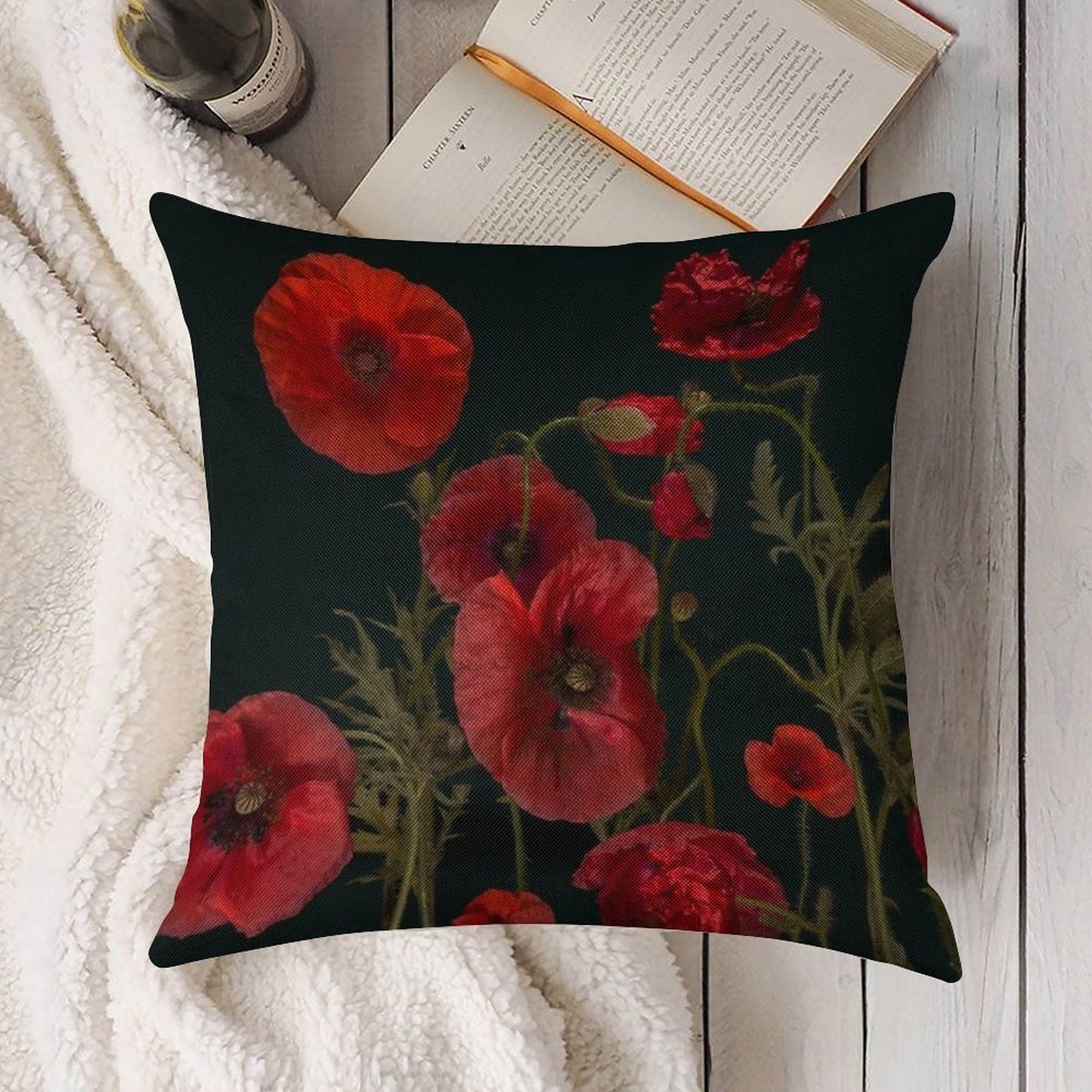 Red Poppies On Black Linen Throw Pillow Cover