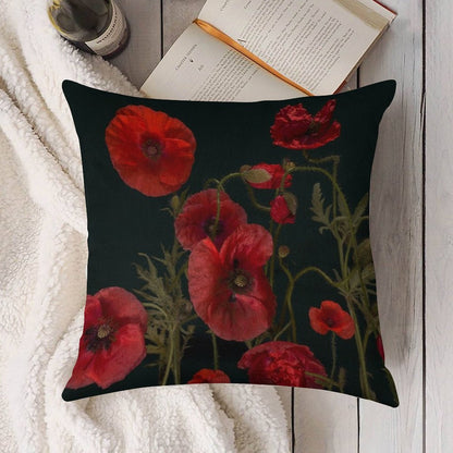 Red Poppies On Black Linen Throw Pillow Cover