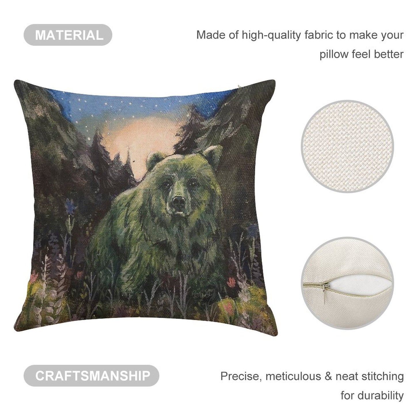 Sweet Grass Green Bear Linen Throw Pillow Cover