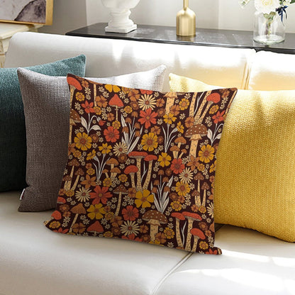 Retro 1970s Brown & Orange Mushrooms & Flowers Soft Anti-Pilling Throw Pillow