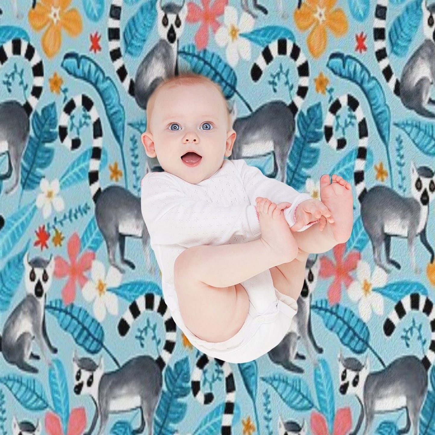 Gouache Lemur Land on Blue Throw Blanket