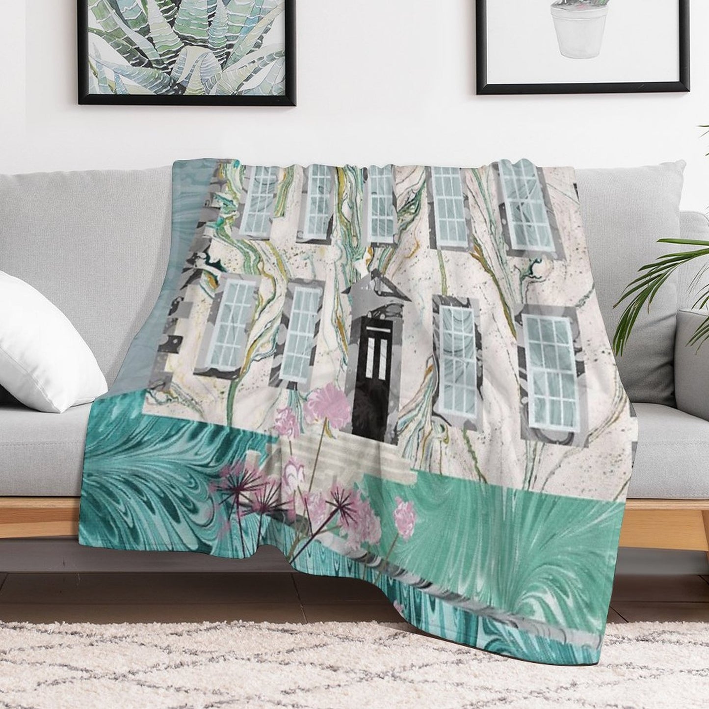 The Bronte Sisters' Parsonage,Haworth  Collage in Marbled Bookbinding Paper Throw Blanket