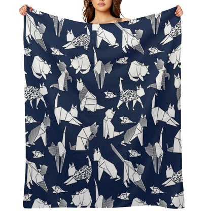 Origami Kitten Friends  Blue Navy Background Paper Cats Throw Blanket