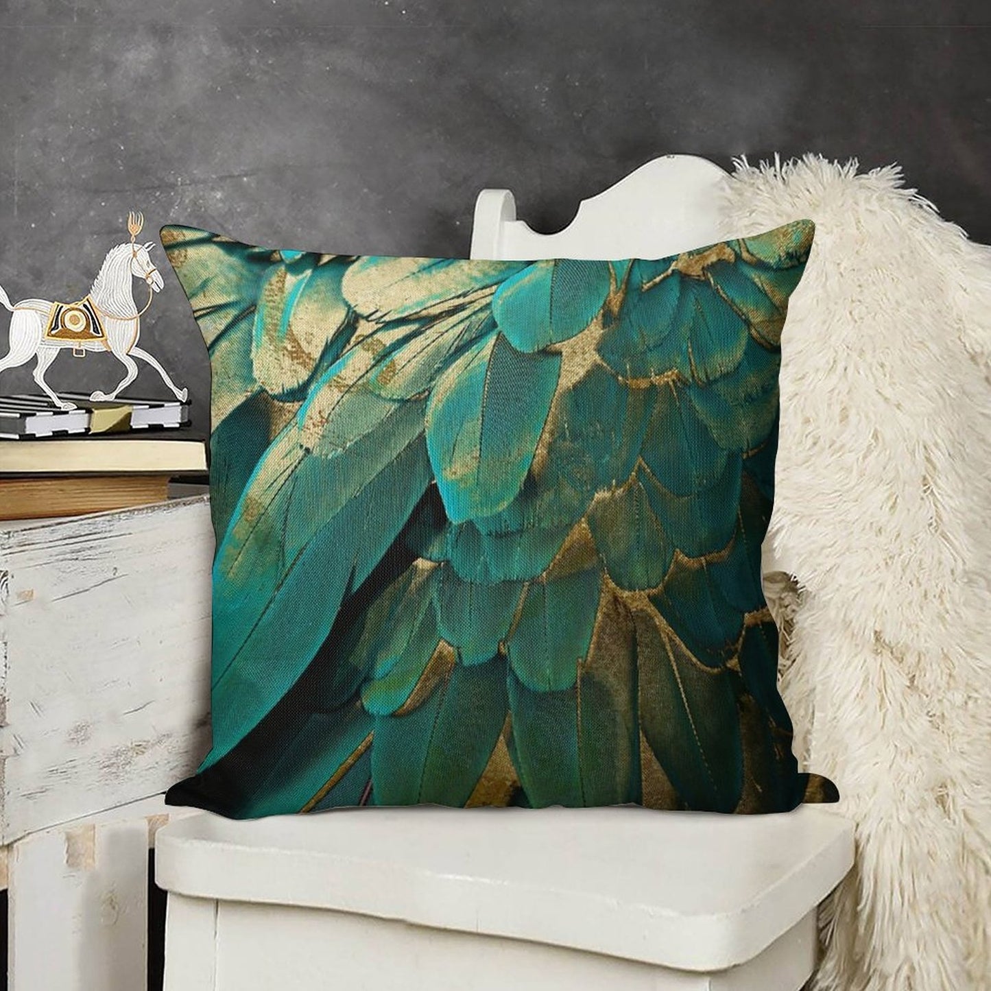Feather Glitter Teal And Gold Linen Throw Pillow Cover