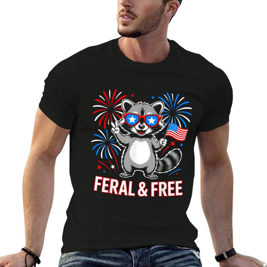 Feral & Free Raccoon Funny Patriotic 4th of July  Trendy Pattern T-Shirt