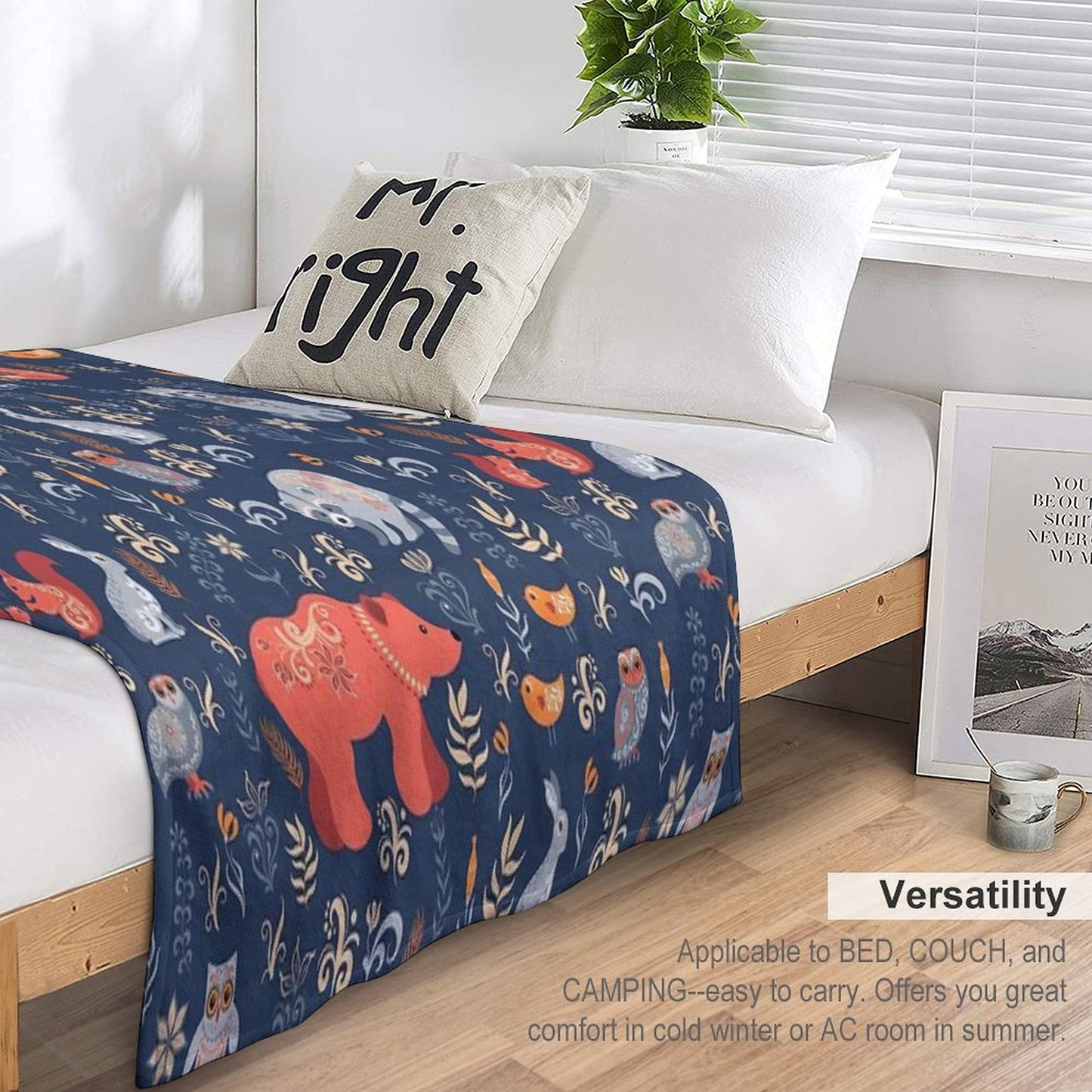 Fairy-tale Forest. Fox, Bear, Raccoon, Owls, Rabbits, Flowers And Herbs on A Blue Background. Throw Blanket