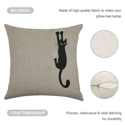 Black Cat Holding On Linen Throw Pillow Cover
