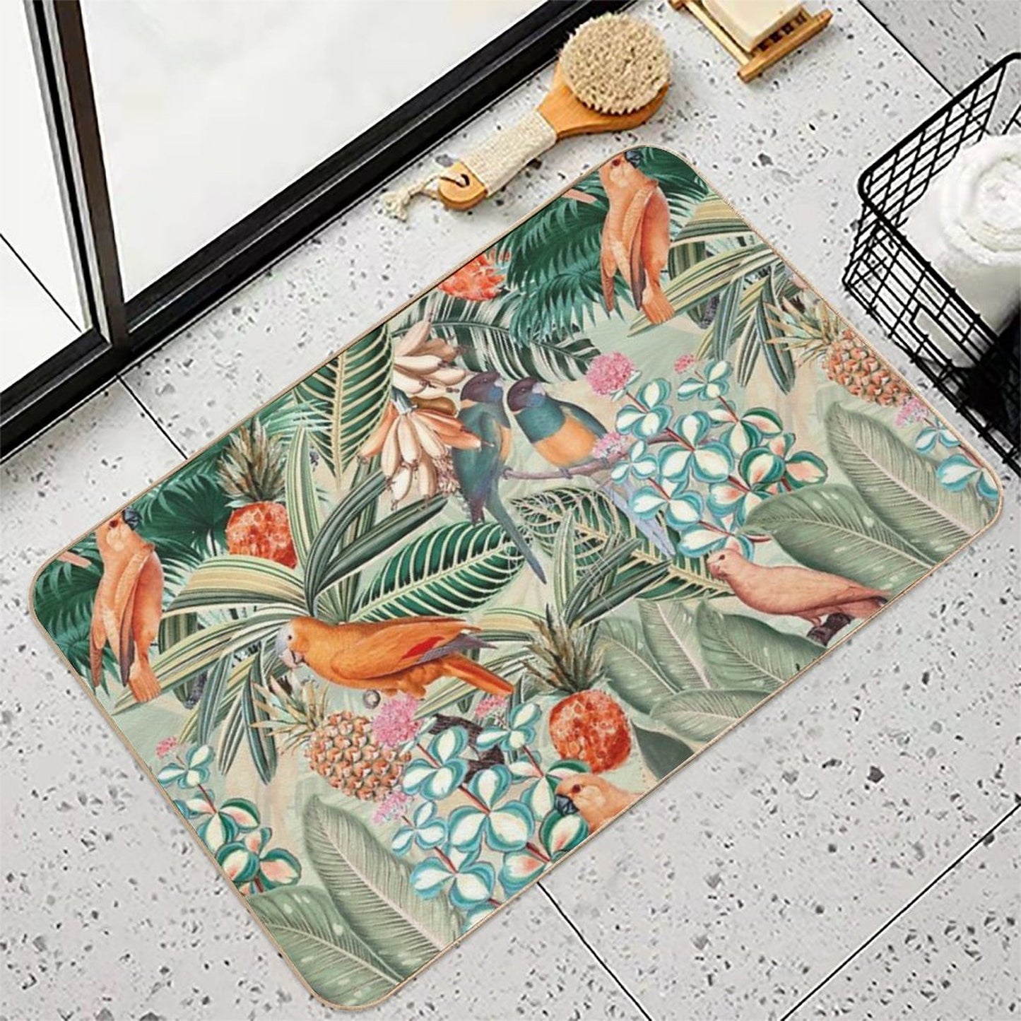 Vintage Orange Tropical Bird Jungle Botanical Garden Nightgarden Bath Mat