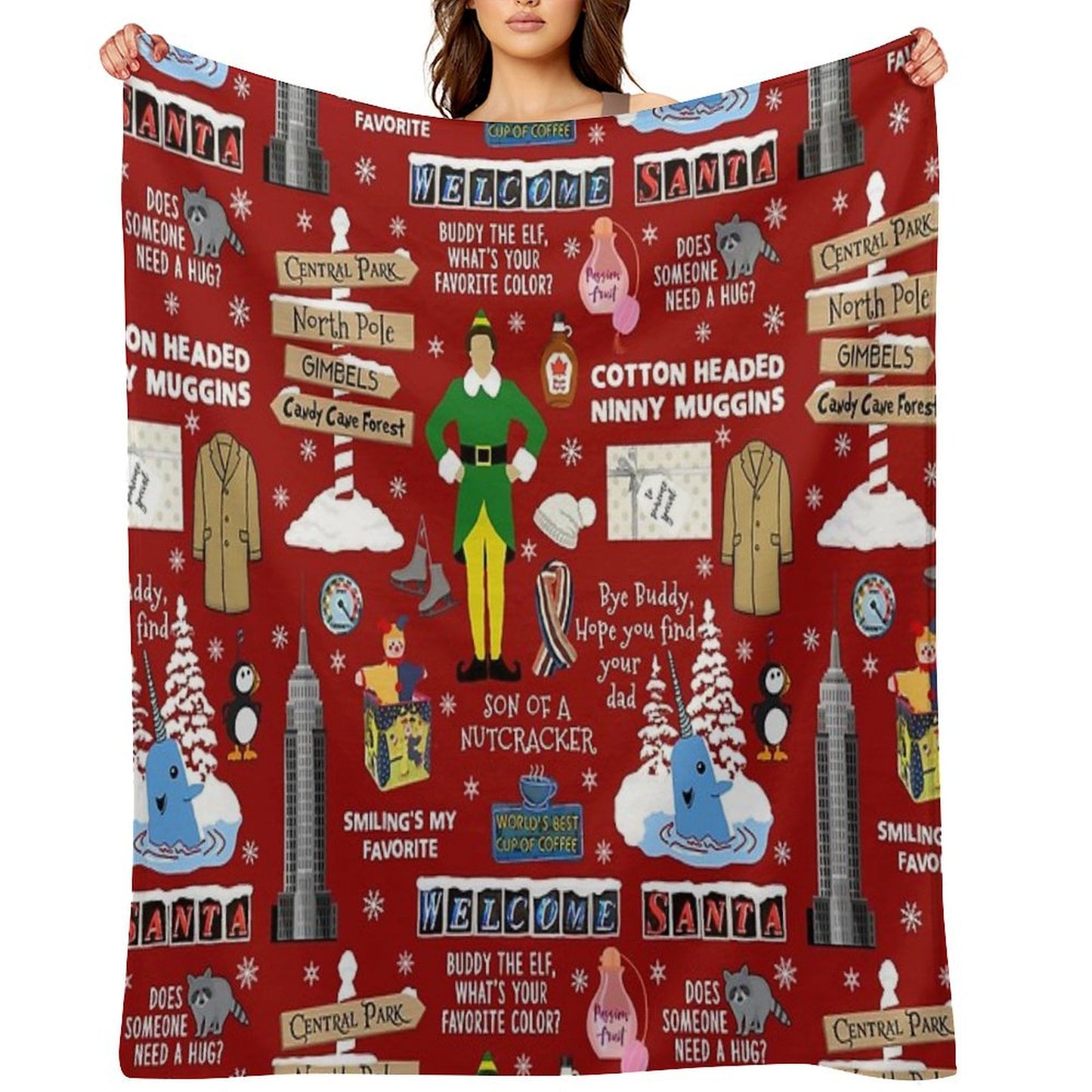 Buddy The Elf Collage, Red Background Throw Blanket