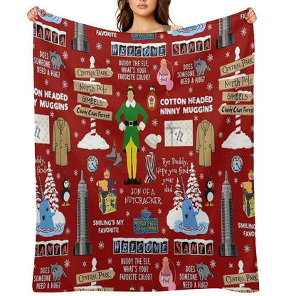 Buddy The Elf Collage, Red Background Throw Blanket