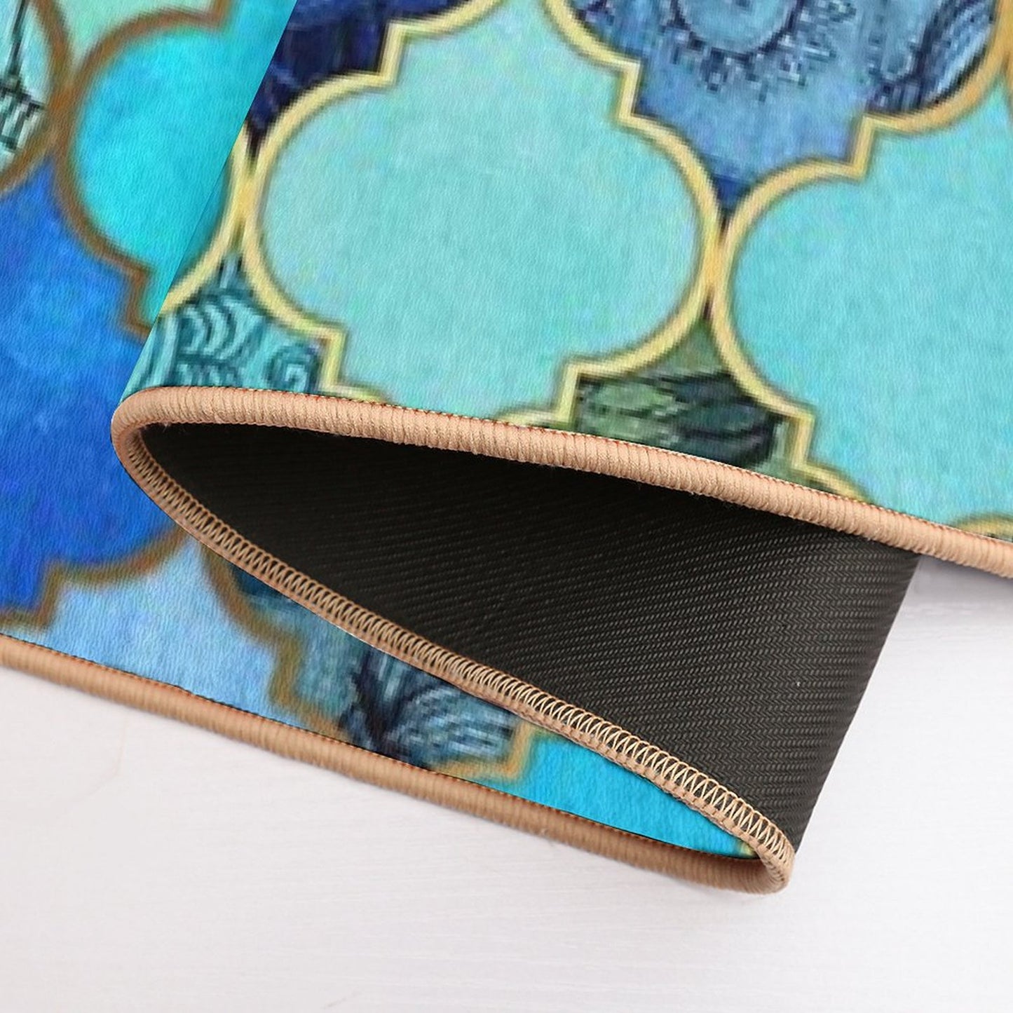 Cobalt Blue, Aqua & Gold Decorative Moroccan Tile Pattern Bath Mat