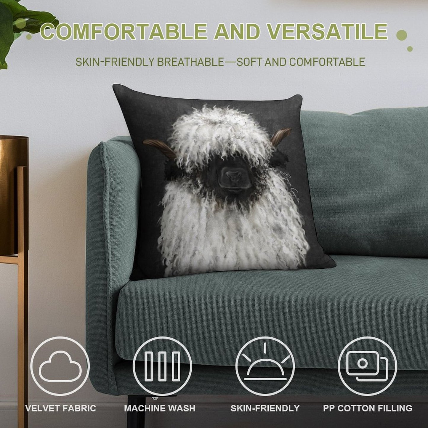 Bo Sheep. Valais Blacknose Sheep. Soft Fade-Resistant Throw Pillow