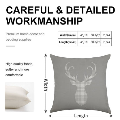 Grey Tartan Stag Head Linen Throw Pillow Cover