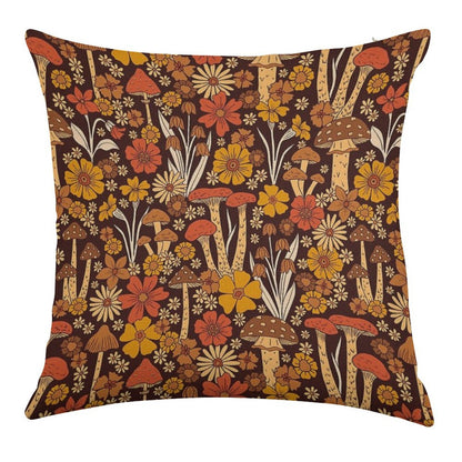Retro 1970s Brown & Orange Mushrooms & Flowers Linen Throw Pillow Cover