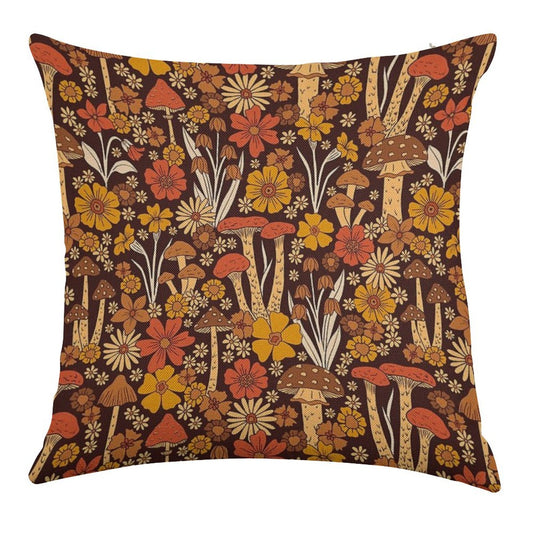 Retro 1970s Brown & Orange Mushrooms & Flowers Linen Throw Pillow Cover