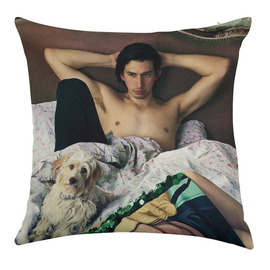 Adam Driver with Dog Photosession Linen Throw Pillow Cover