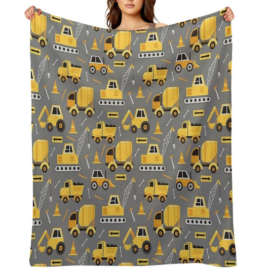 Construction Trucks on Gray Throw Blanket