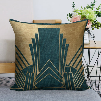Art Deco Glamour - Teal And Gold Linen Throw Pillow Cover
