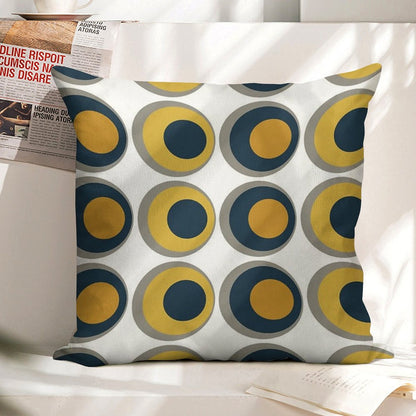 Double Dots Retro Pattern in Light And Dark Mustard Yellow, Navy Blue, Grey, And White Linen Throw Pillow Cover