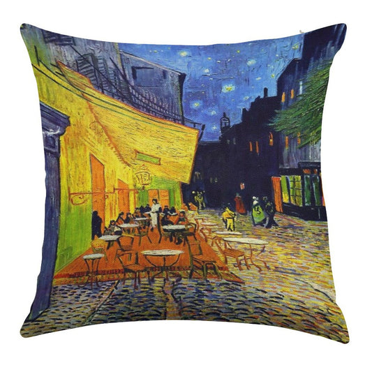 Cafe Terrace at Night - Van Gogh Linen Throw Pillow Cover