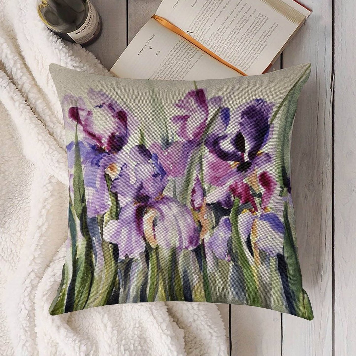 Purple Iris Art Watercolor Linen Throw Pillow Cover