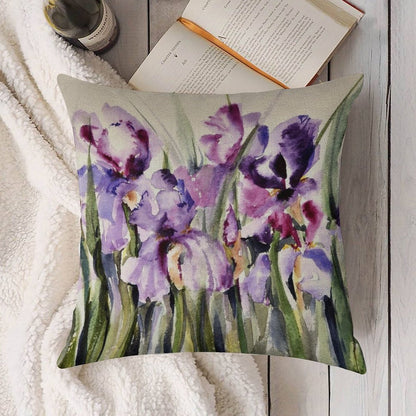 Purple Iris Art Watercolor Linen Throw Pillow Cover
