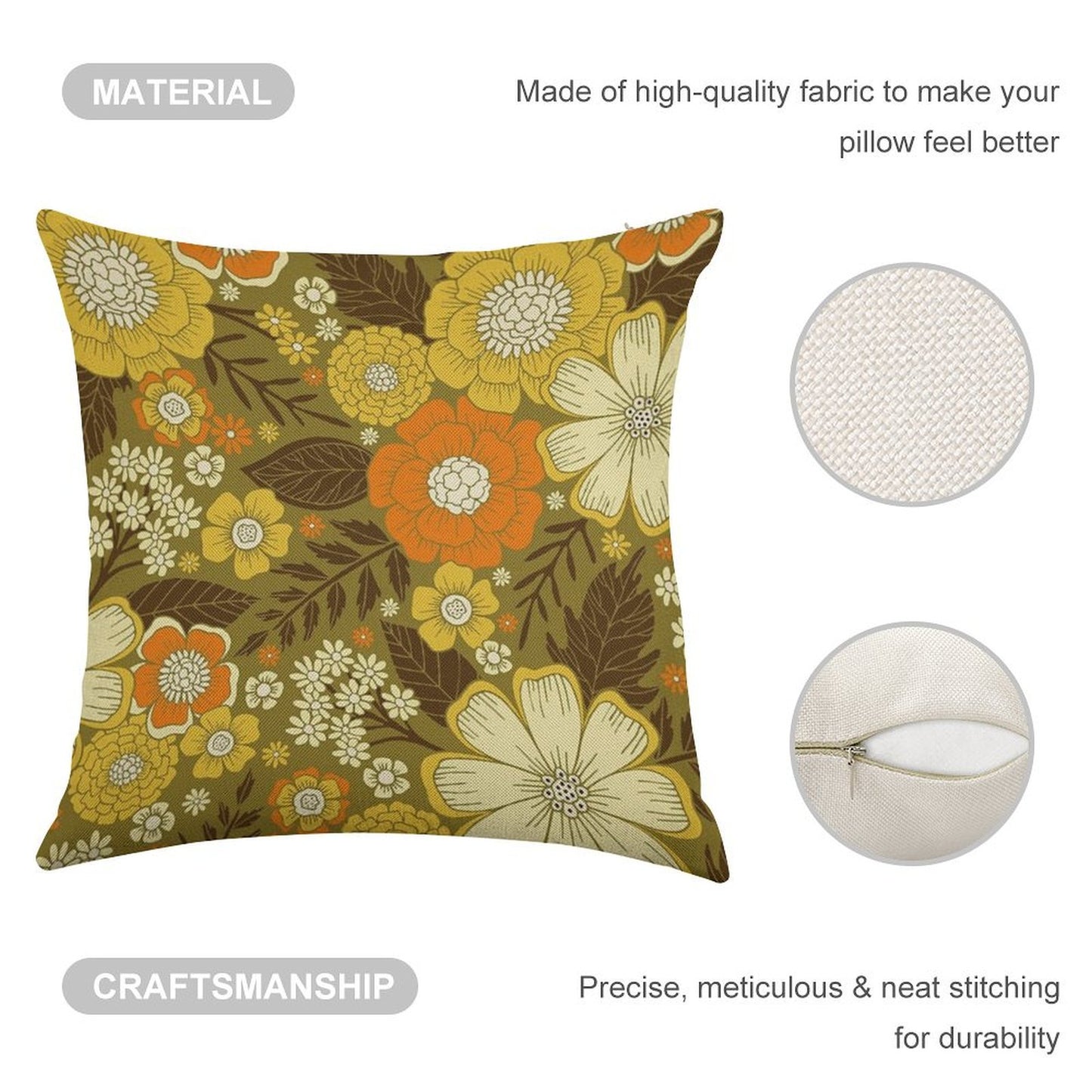 1970s RetroVintage Floral Pattern Linen Throw Pillow Cover