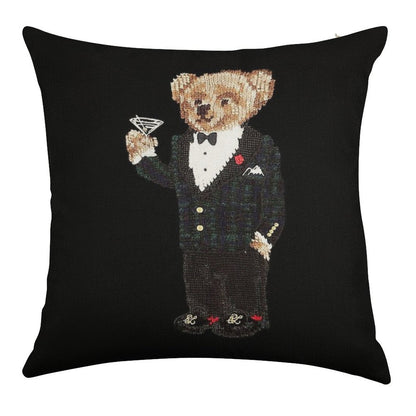 Gentleman Bear Linen Throw Pillow Cover