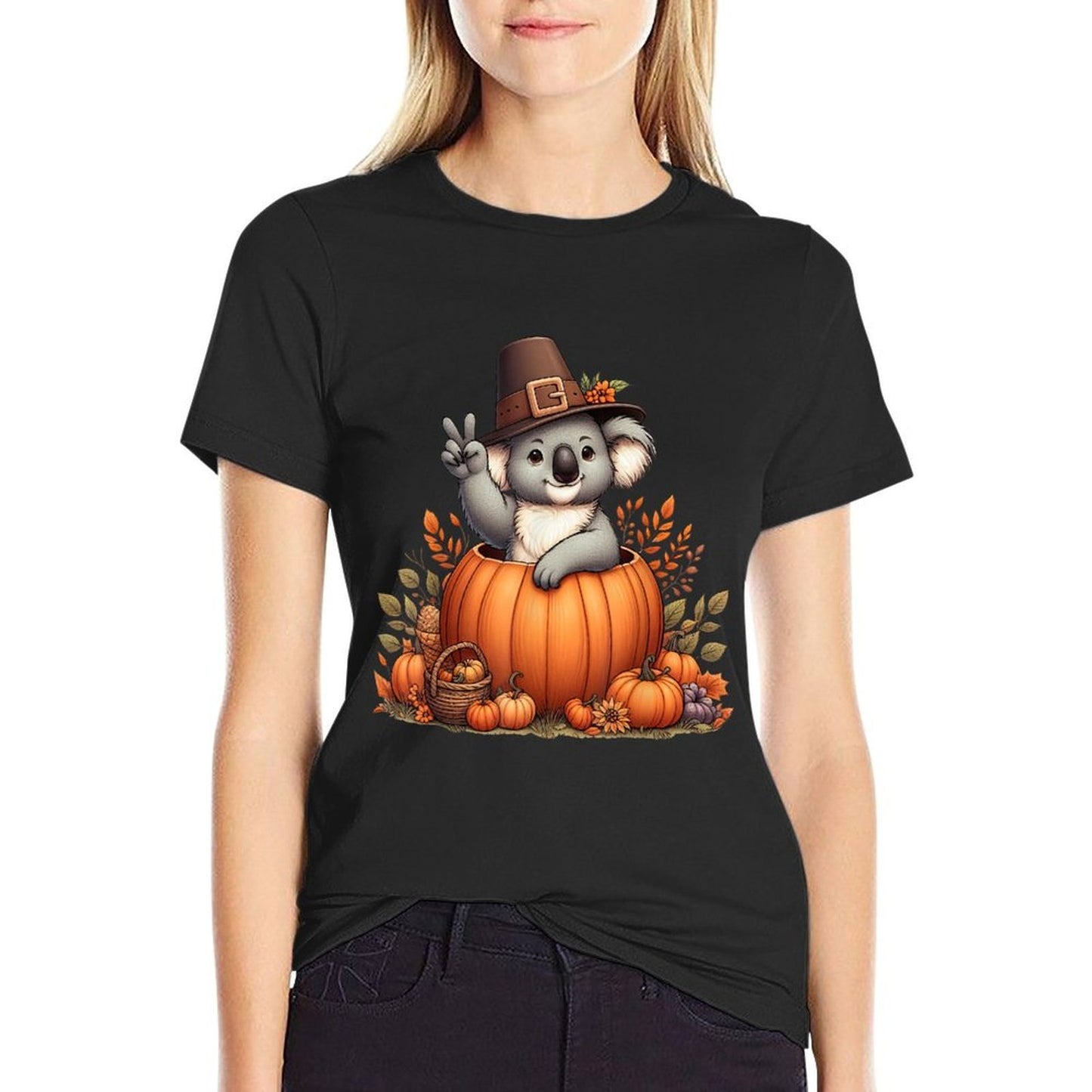 Autumn Pumpkin Fall Koala Thanksgiving Womens Mens Kids  Fade-proof Color T-Shirt