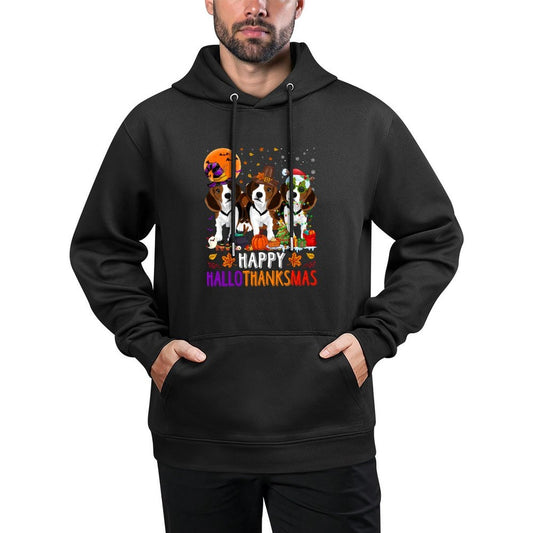 Happy Hallothanksmas Beagle Dog Halloween Christmas Kangaroo Pocket Hoodie