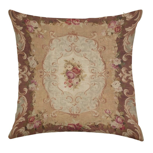 Antique Rose Floral French Aubusson Rug Print Linen Throw Pillow Cover