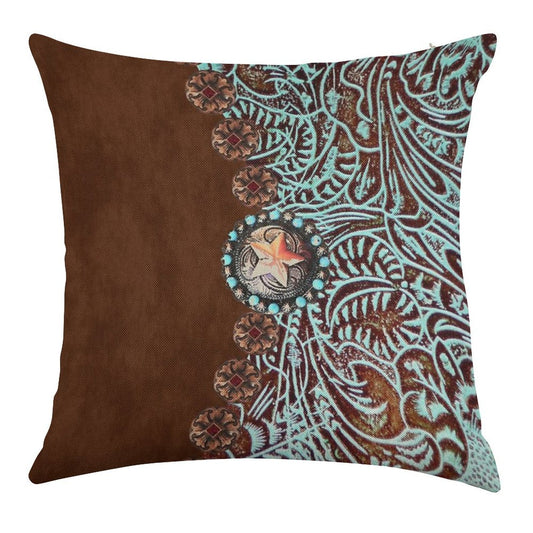 Primitive Cowboy Cowgirl Western Country Brown Turquoise Linen Throw Pillow Cover