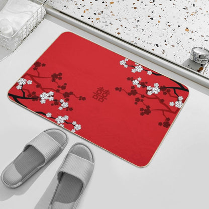 White Oriental Cherry Blossoms on Red And Chinese Wedding Double Happiness  Japanese Sakura © Fatfatin Bath Mat