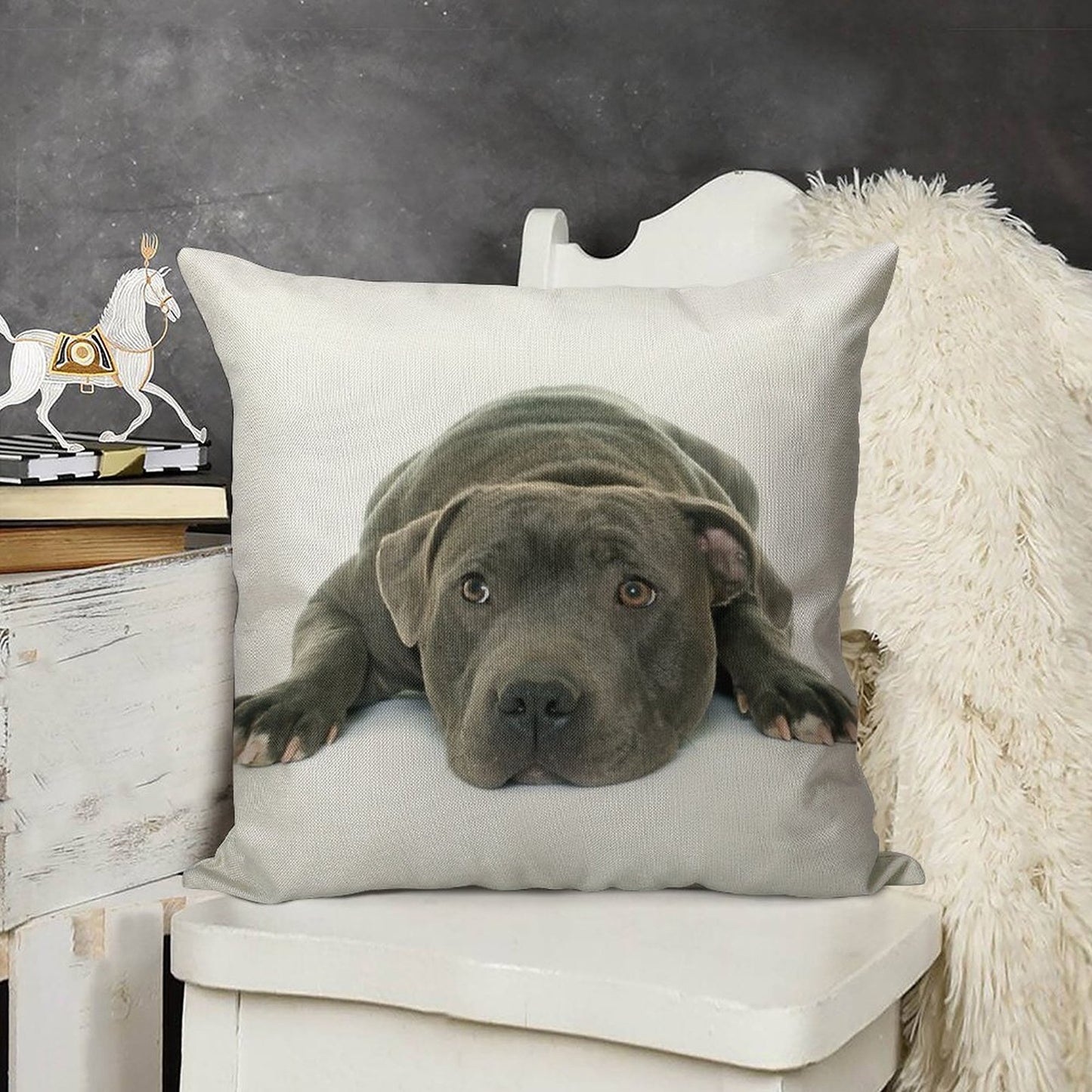 Blue Staffordshire Bull Terrier Super Cute Puppy Eyes Linen Throw Pillow Cover