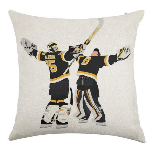 Jeremy Swayman And Linus Ullmark Hug Linen Throw Pillow Cover