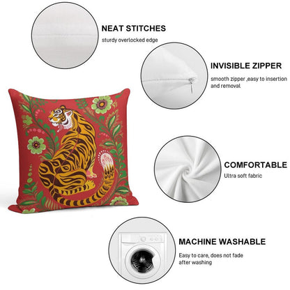 Tiger Folk Art Soft Skin-Friendly Throw Pillow