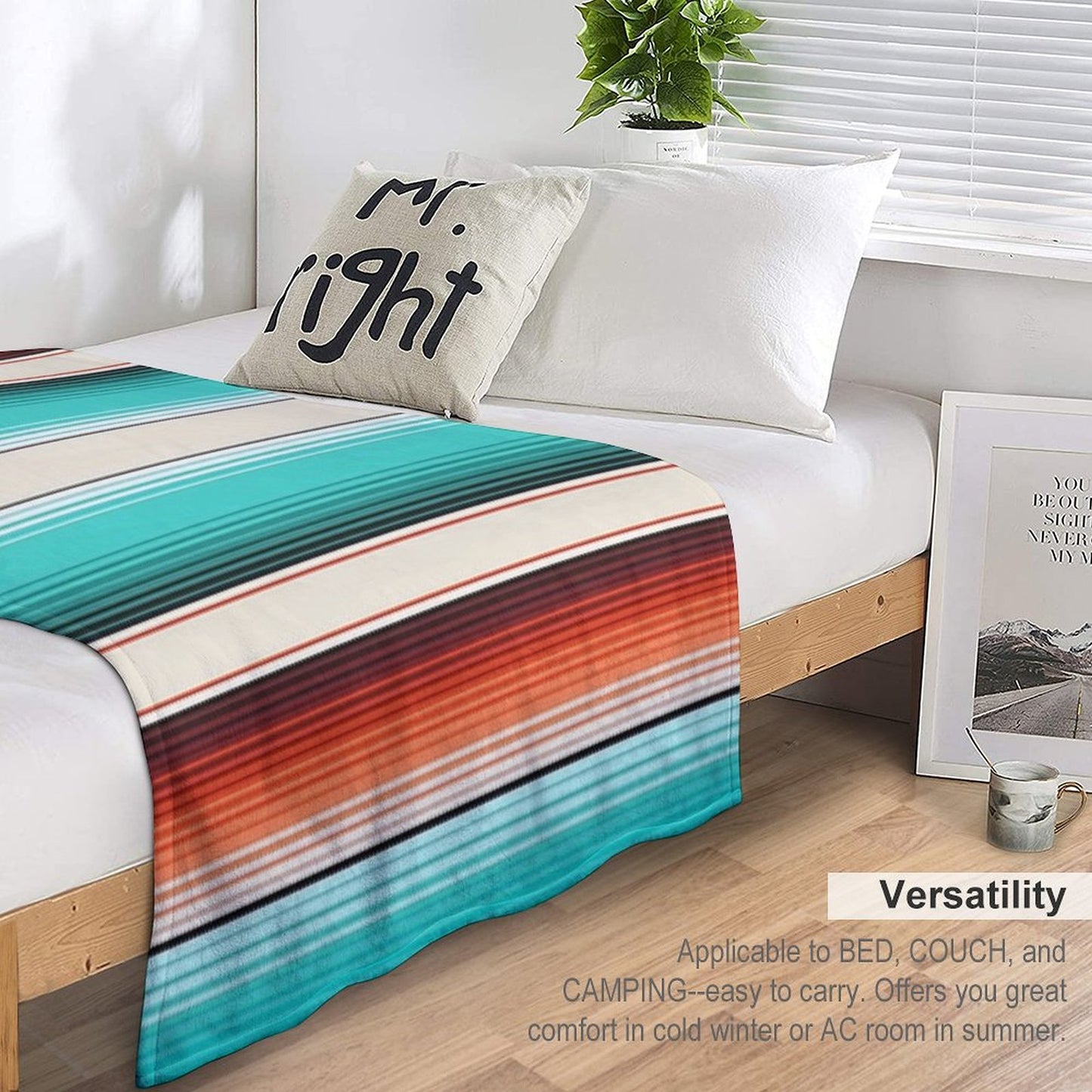 Navajo White, Turquoise And Burnt Orange Southwest Serape Blanket Stripes Throw Blanket