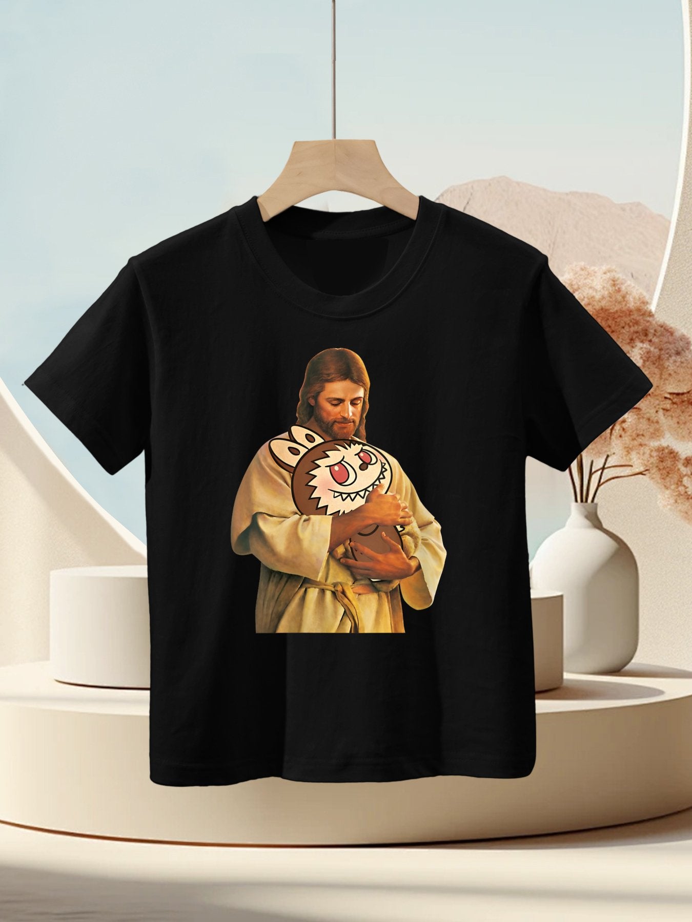 Womens Funny Meme Labubu Lover Cute Jesus Holding Labubu Joke Humor Kids T-Shirt