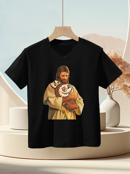 Womens Funny Meme Labubu Lover Cute Jesus Holding Labubu Joke Humor Kids T-Shirt