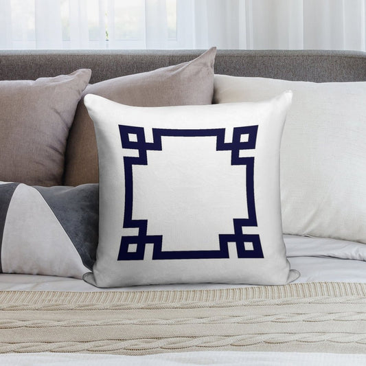 Navy Blue Greek Key Square On White Soft Reinforced Edging Throw Pillow