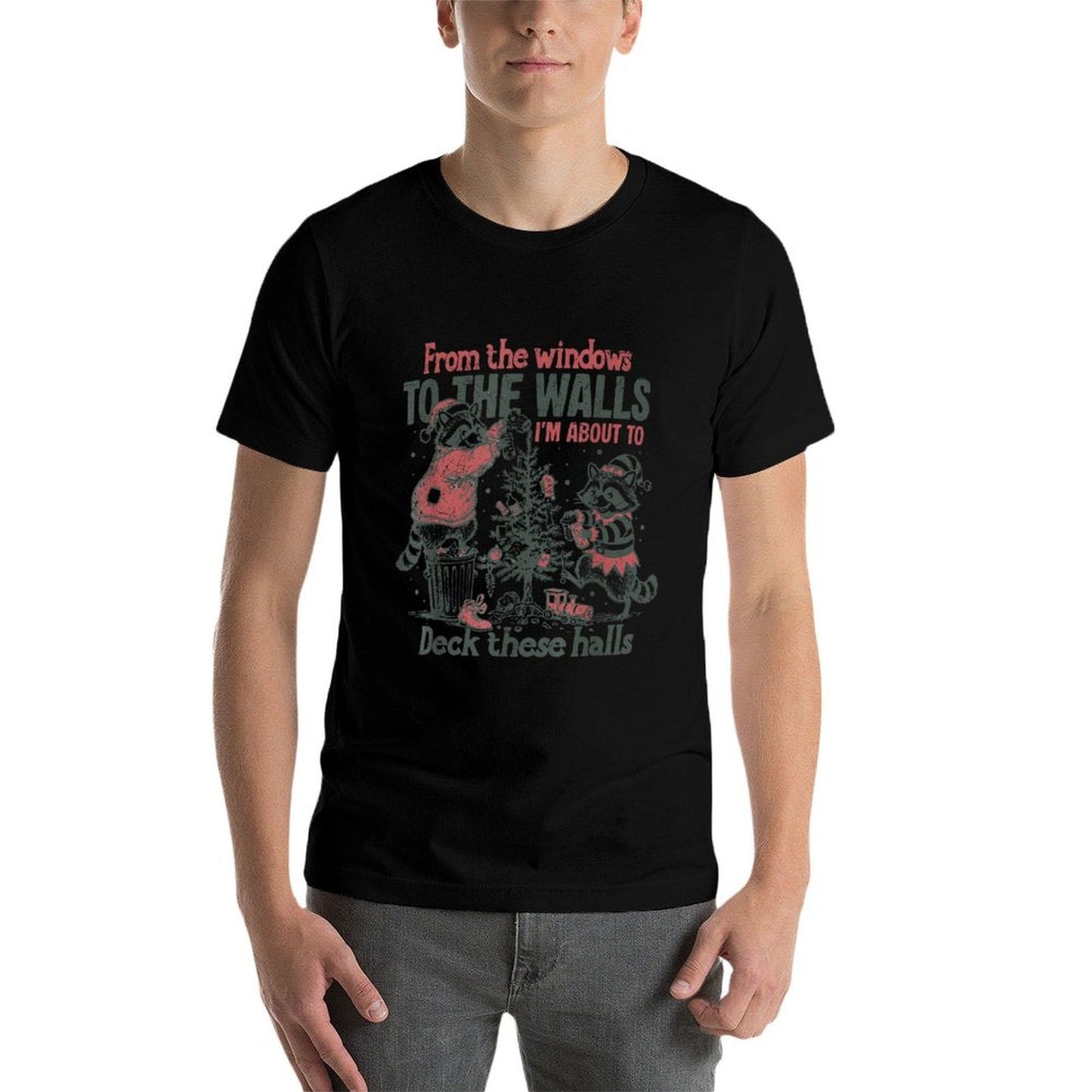 Retro from The Windows to The Walls Funny Raccoon Christmas  Fade-proof Color T-Shirt