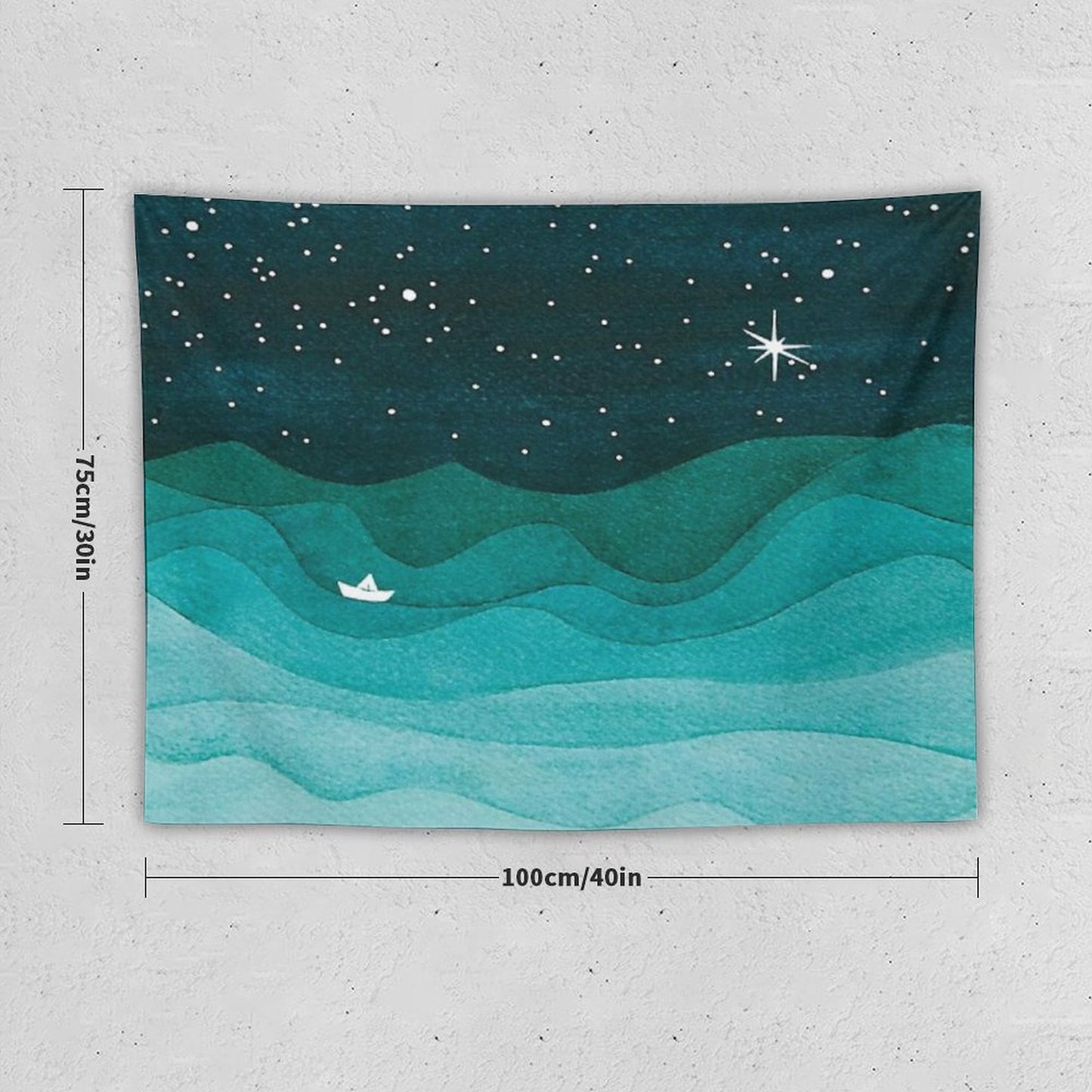 Starry Ocean, Teal Sailboat Watercolor Sea Waves Night Tapestry