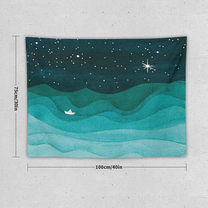 Starry Ocean, Teal Sailboat Watercolor Sea Waves Night Tapestry