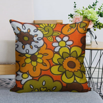 Retro Cool Mid Century Floral Fabric Design in Avocado Green, Harvest Gold, Brown, And Orange Linen Throw Pillow Cover