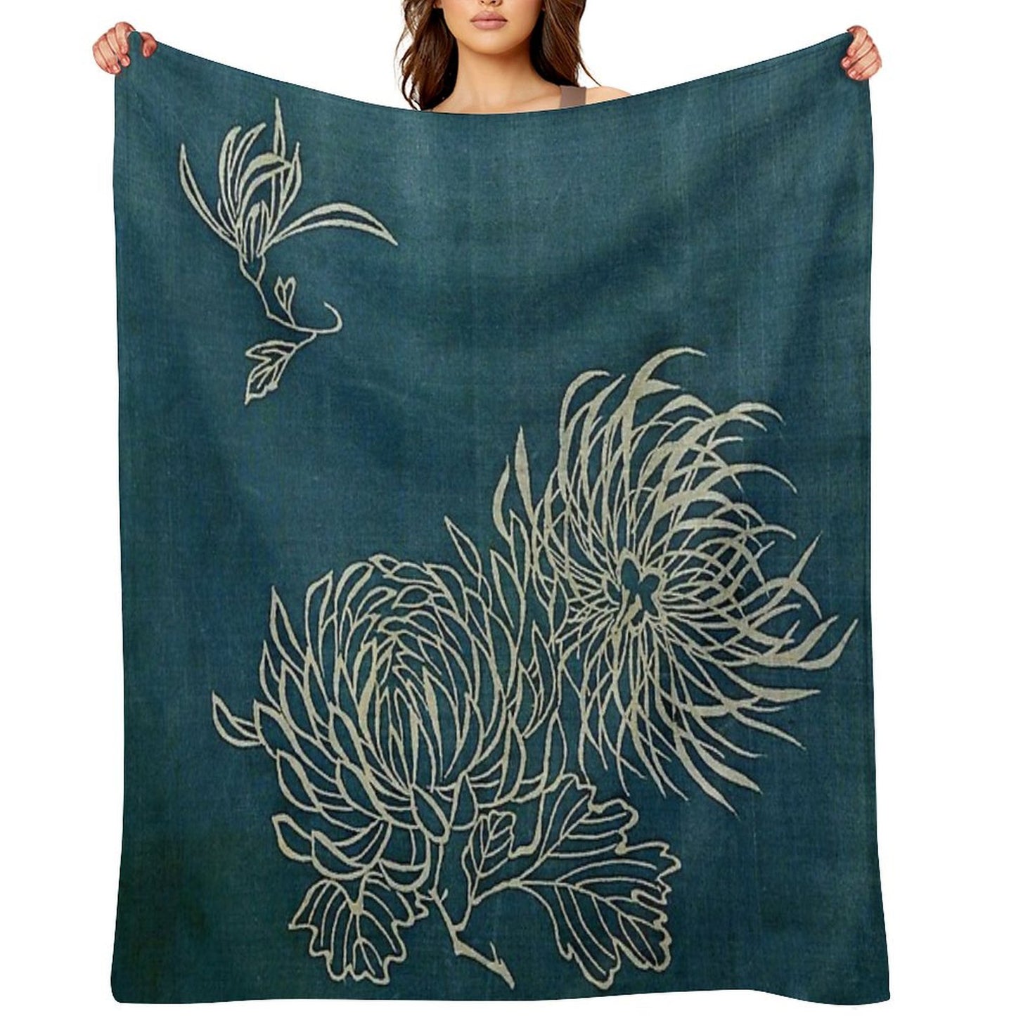 Japanese Textile Blue And White Lotus Flower Throw Blanket