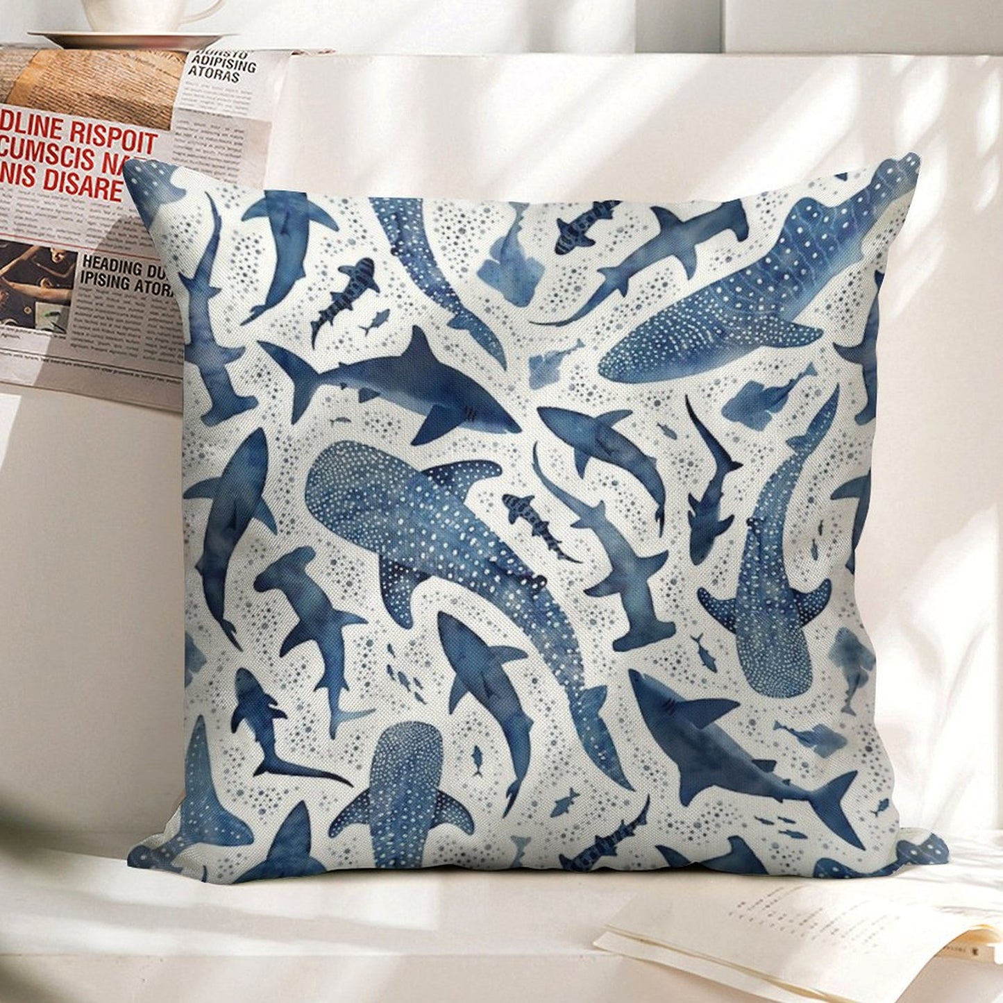 Monochrome Blue Watercolour Shark Ocean on White Linen Throw Pillow Cover
