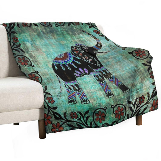 Indian Elephant Decorative Asian Floral Art Throw Blanket