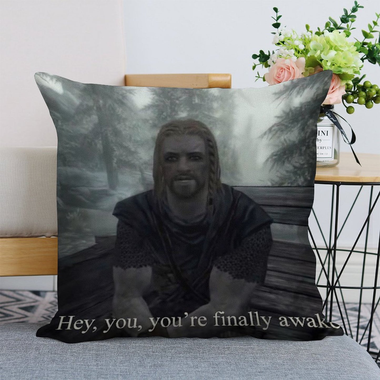 Hey You’re Finally Awake Linen Throw Pillow Cover