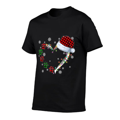 Funny Dog Cat Paws Print Heart Santa Hat Christmas Pajamas  Ribbed Collar T-Shirt